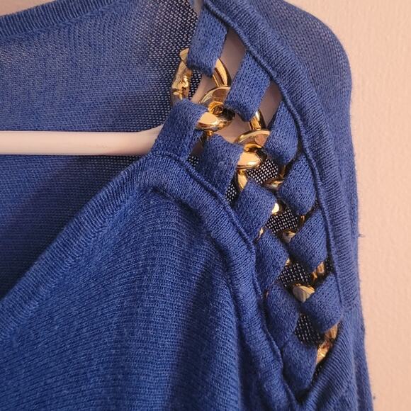Michael Michael Kors Blue Oversized Sweater Medium Gold Chain Shoulder Logo Knit - Picture 11 of 12
